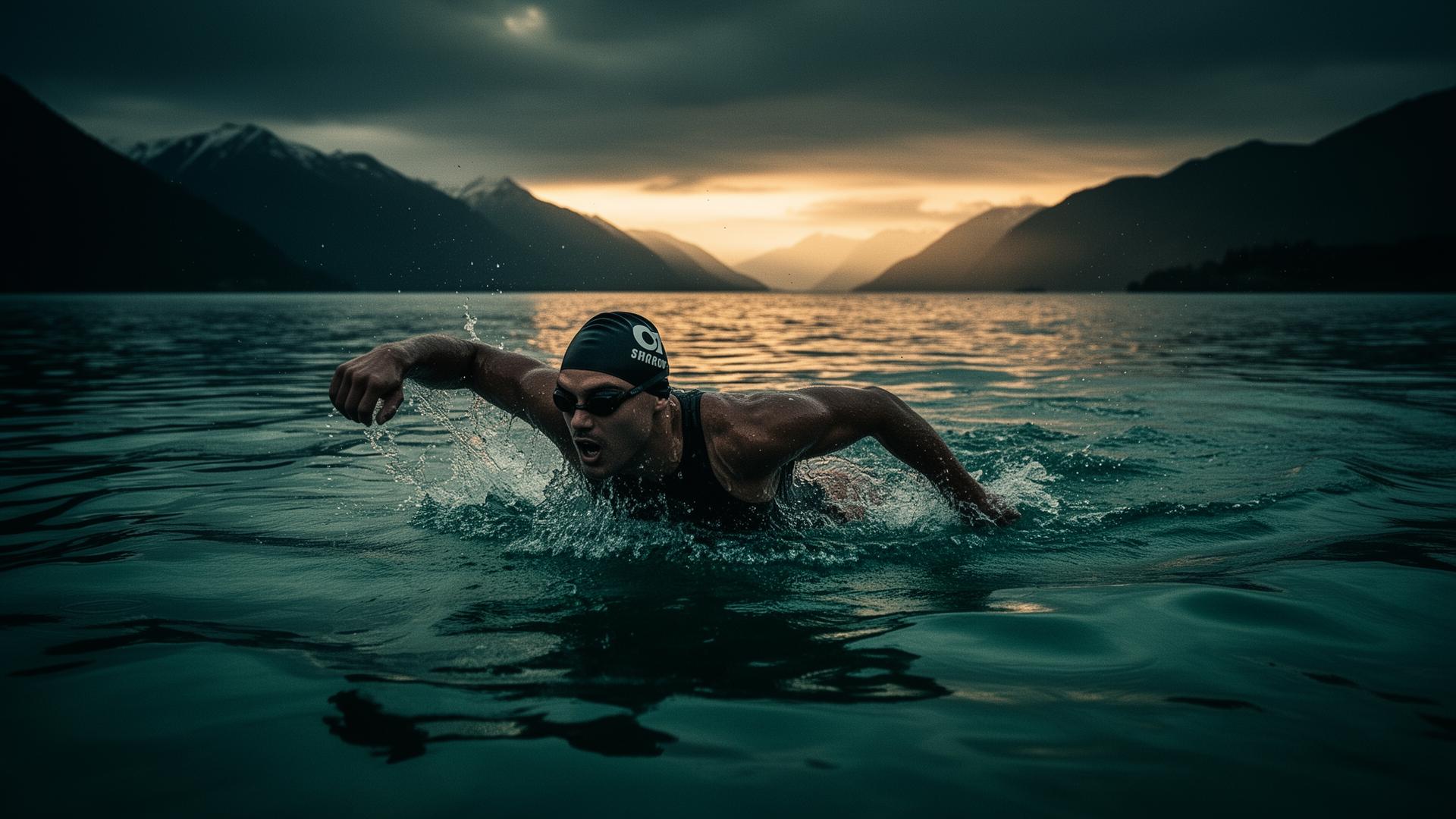 Open water swimmer at sunrise with mountains in the distance