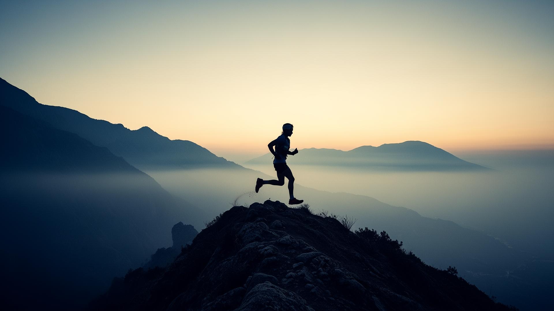 Trail runner silhouette on a mountain ridge at dawn